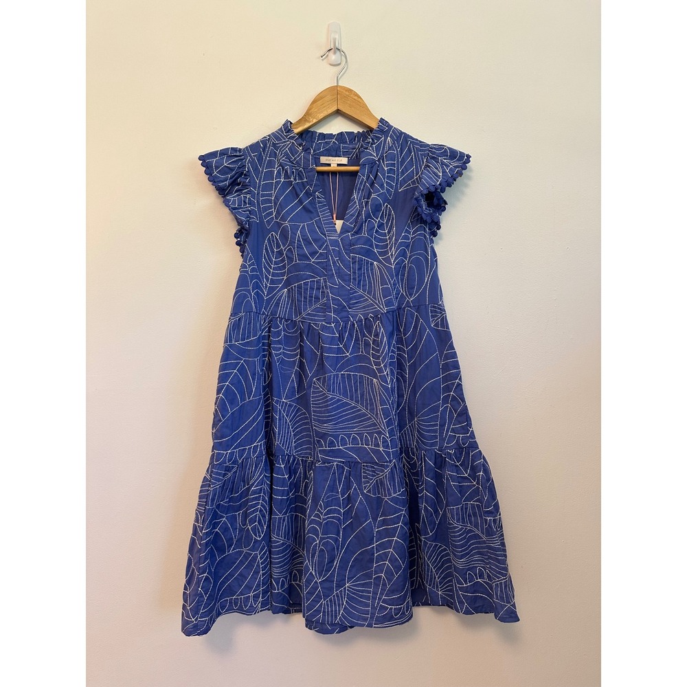 NWT Skies Are Blue Embroidered Leaf Tiered Blue Mini Dress | Size Small